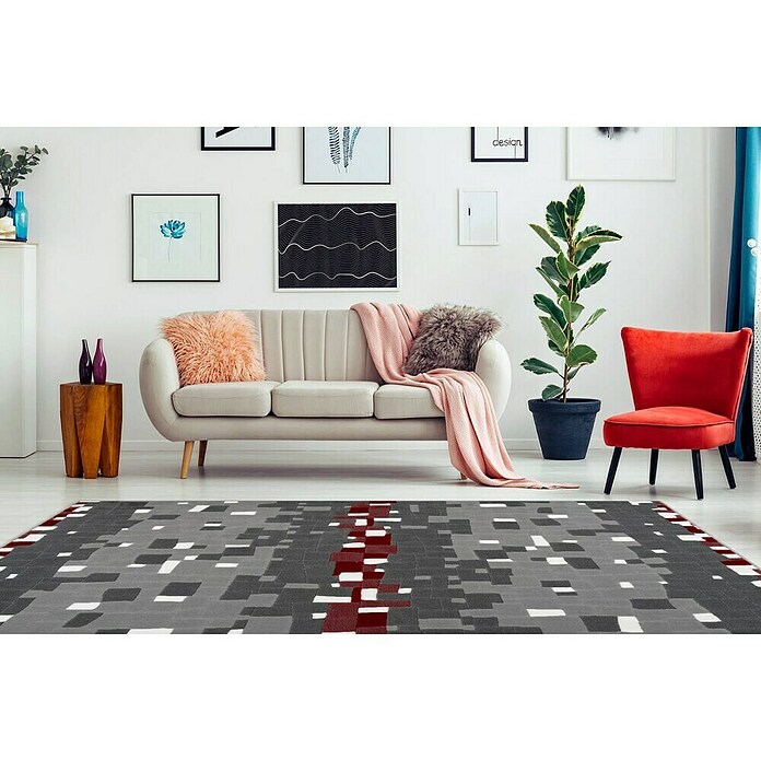 Kayoom Kurzflorteppich Vancouver 210 (Grau/Rot, 290 x 200 cm)