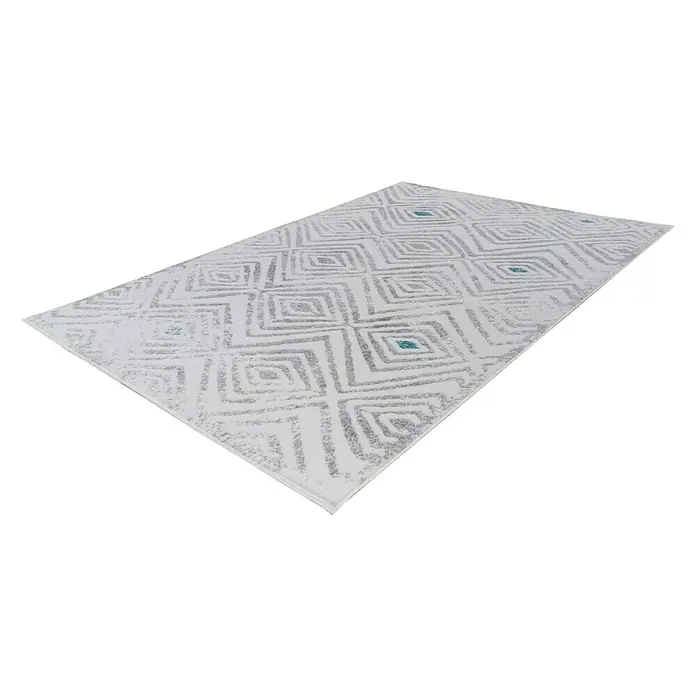 Kayoom Kurzflorteppich Vancouver 410 - Weiß/Grau, 150 x 80 cm, 100 % Polypropylen - Ein detailreicher Teppich mit geometrischen Mustern in Grau und Türkis, ideal für moderne Wohnräume.