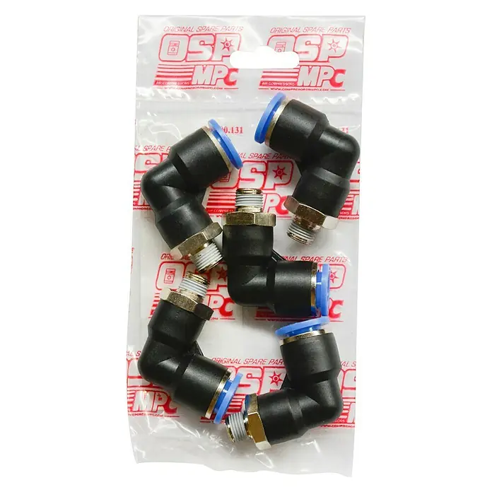 MPC Codo angular 10 mm - ⅛″ - Un paquete de cinco racores neumáticos de conexión rápida de codo de 90 grados con un collar azul, empaquetados con la marca "Original Spare Parts".