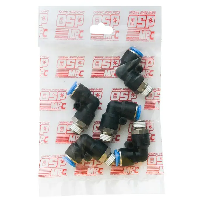 MPC Codo angular 10 mm - ¼″ - Un paquete que contiene seis accesorios de codo neumáticos negros de 90 grados con extremos azules y conectores roscados.