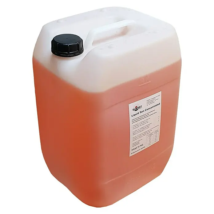 Sunset Solar-Frostschutzmittel - Frostbeständig: Bis -28 °C, 31 l - Bild eines 31-kg-Kanisters mit „Liquid Sun Concentrated“, einer Gefrierschutz- und Anti-Rutsch-Lösung. Der Kanister ist orange und weiß.