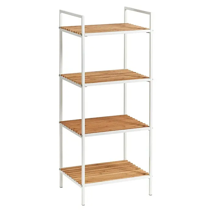 Zeller Present Estantería de baño Bambú - 33 x 39 x 95 cm, Metal, Blanco, Bambú - Una estantería sencilla con cuatro estantes de madera clara y un marco de metal blanco. Ideal para el baño o la sala de estar.