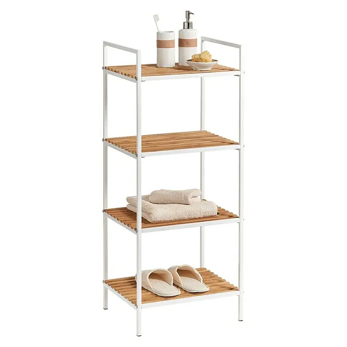 Zeller Present Estantería de baño Bambú - 33 x 39 x 95 cm, Metal, Blanco, Bambú - Esta imagen muestra una estantería de bambú de 4 niveles con estructura blanca, decorada con elementos básicos de baño como toallas y zapatillas.