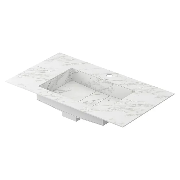 Lavabo Stein - 81 x 46 cm, Orificios para grifo: Medio, Sin desbordamiento, Blanco - Primer plano de una encimera de tocador de mármol blanco con un lavabo debajo encimera y un orificio para el grifo, que muestra un diseño de baño moderno.