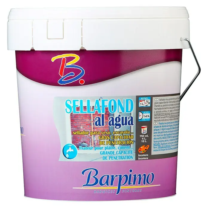 Barpimo Sellador Sellafond - 4 l - La imagen muestra un cubo de imprimación SELLAFOND al agua de Barpimo, ideal para yeso y mampostería con alta penetración.