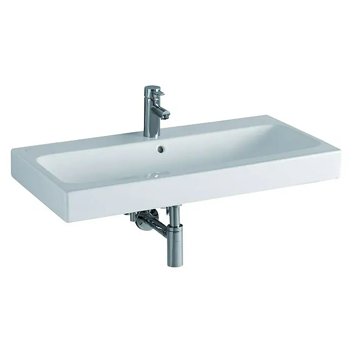 Geberit iCon Waschtisch - 90 x 48,5 cm, Ohne Spezialglasur, Hahnloch: Mitte, Mit Überlauf, Weiß - Elegantes, rechteckiges Waschbecken mit glänzender Armatur und verchromtem Siphon für ein modernes Badezimmerdesign.