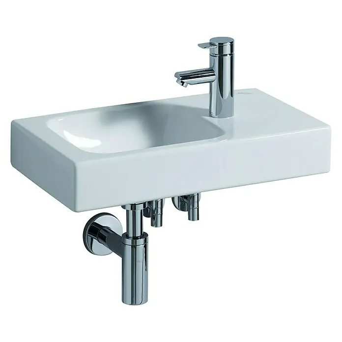 Geberit iCon Waschtisch xs - 53 x 31 cm, Ohne Spezialglasur, Hahnloch: Rechts, Ohne Überlauf, Ablagefläche: Rechts, Weiß - Das Bild zeigt ein modernes, weißes Waschbecken mit Chromarmatur und Abfluss, ideal für stilvolle Badezimmer.