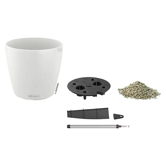 Lechuza Classico Pflanztopf Color - Außenmaß (Ø x H): 19 x 17 cm, Kunststoff, Weiß - Produktbild eines Lechuza Blumentopf-Sets in Weiß, inklusive Einsatz, Substrat, Wasserstandsanzeiger und anderem Zubehör.