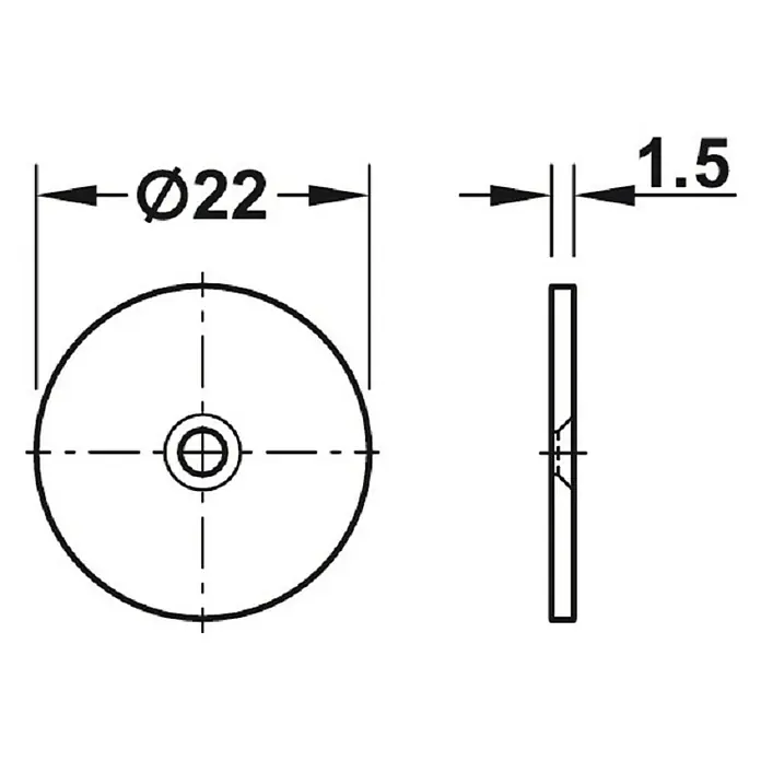 Suki Cierre magnético - Fuerza de adherencia: 3 kg, M 5 - Dibujo técnico de un producto redondo con un grosor de 1,5 y un diámetro de 22. El orificio del agujero central es claramente visible en el dibujo.