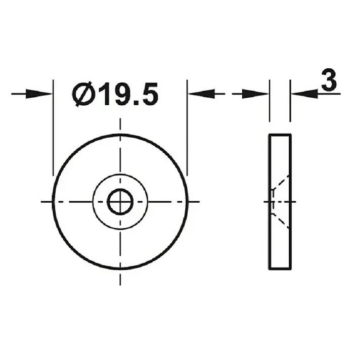 Häfele Cierre magnético - Fuerza de adherencia: 7 kg, Plateado, M 18 - Ilustración esquemática de una arandela con un diámetro de 19,5 mm y un grosor de 3 mm.