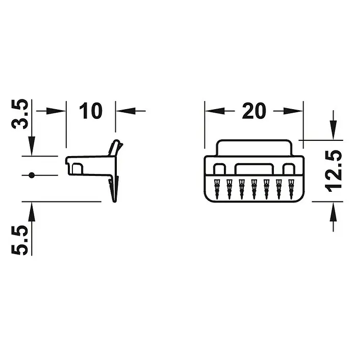 Häfele Conector del panel trasero Ixconnect RPC G 13/20 - L x An: 20 x 12,5 mm, Plástico, Específico para: Grosores de madera a partir de 12 mm - Dibujo técnico de un herraje para muebles con cotas para montaje y diseño.