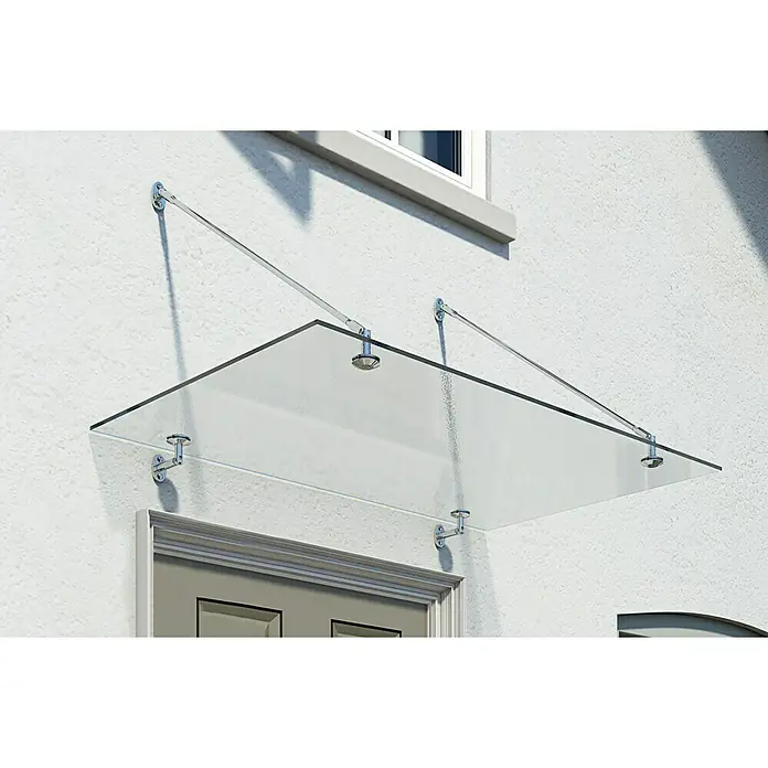 Palram – Canopia Vordach Finn - 140 x 90 x 40 cm, Silber - Glasvordach über einer Haustür, befestigt mit Metallstützen an einer weißen Wand. Schützt vor Regen und verleiht dem Eingangsbereich Eleganz.