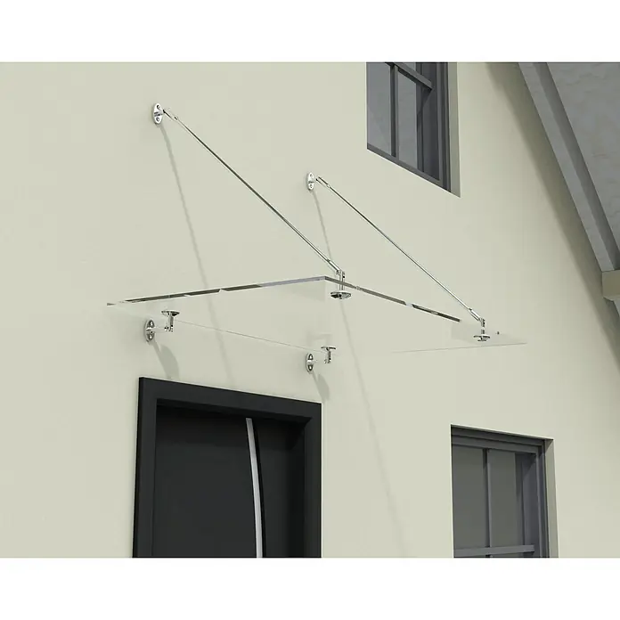 Palram – Canopia Vordach Finn - 140 x 90 x 40 cm, Silber - Vordach aus Glas mit Halterungen über einer dunklen Tür. Das Glasvordach bietet Schutz vor dem Eingang und wertet das Gebäude auf.