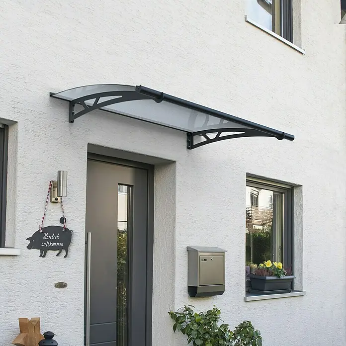 Solid Elements Pultvordach Pavo - 150,5 x 91,5 x 17,5 cm, Anthrazitgrau - Moderne Haustürüberdachung mit transparentem Dach und schwarzem Rahmen, die Schutz vor Wind und Wetter bietet.