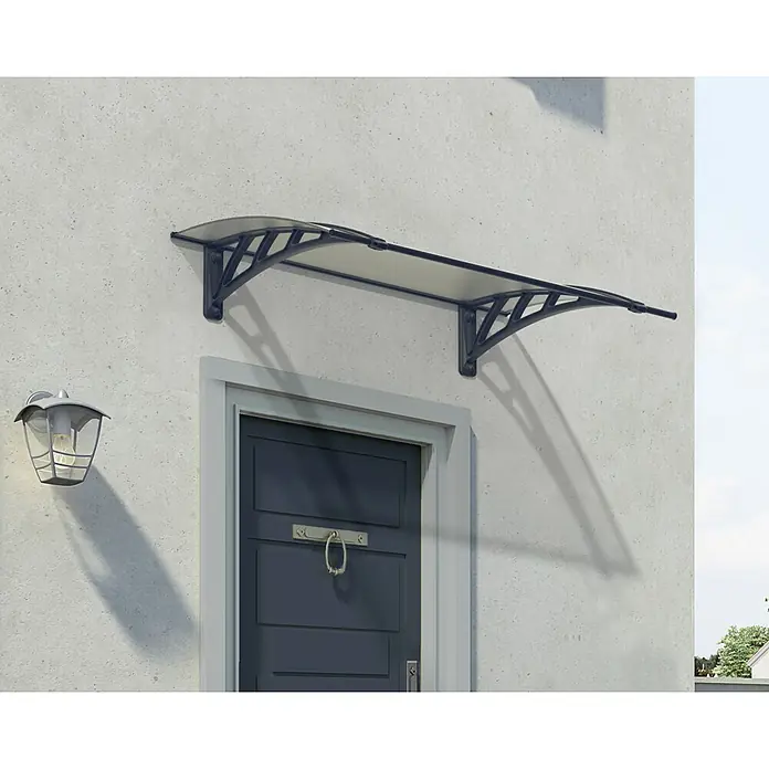 Palram – Canopia Pultvordach Apus - 119 x 76 x 25 cm, Anthrazitgrau - Eine stilvolle Haustürüberdachung in Schwarz und Weiß schützt den Eingangsbereich vor Regen und Sonne und wertet das Haus auf.