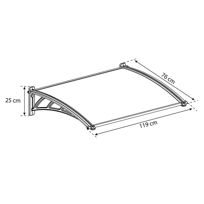 Palram – Canopia Pultvordach Apus - 119 x 76 x 25 cm, Anthrazitgrau - Illustration einer Türüberdachung mit den Maßen 76 cm Tiefe, 119 cm Breite und 25 cm Höhe.