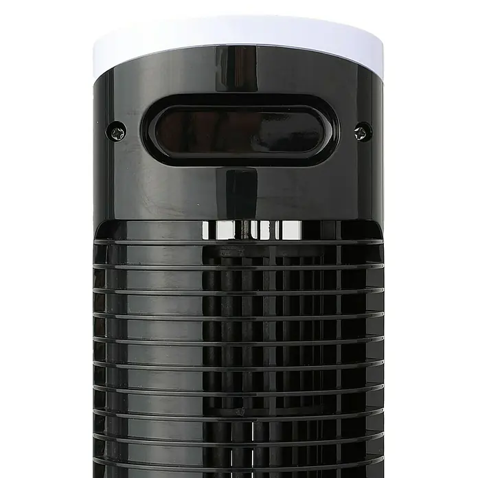 Purline Venty Ventilador de torre Erebus - Negro/Blanco, 33 cm - Primer plano de un ventilador de torre con cuerpo negro y parte superior blanca, ideal para una brisa refrescante.