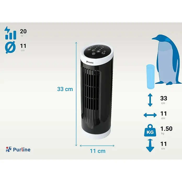 Purline Venty Ventilador de torre Erebus - Negro/Blanco, 33 cm - Ilustración de un ventilador de torre Purline, dimensiones: 33 cm de alto y 11 cm de diámetro, complementada con una ilustración de un pingüino.