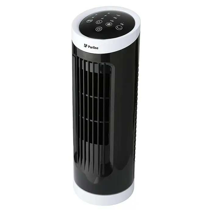Purline Venty Ventilador de torre Erebus - Negro/Blanco, 33 cm - Imagen de un ventilador de torre Purline en blanco y negro, que ofrece una solución moderna y que ahorra espacio para mejorar la calidad del aire interior.