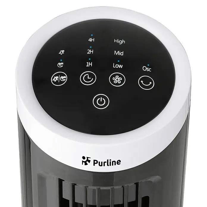 Purline Venty Ventilador de torre Erebus - Negro/Blanco, 33 cm - Primer plano de un ventilador de torre Purlaine, destacando el panel de control con ajustes de velocidad, temporizador y oscilación.