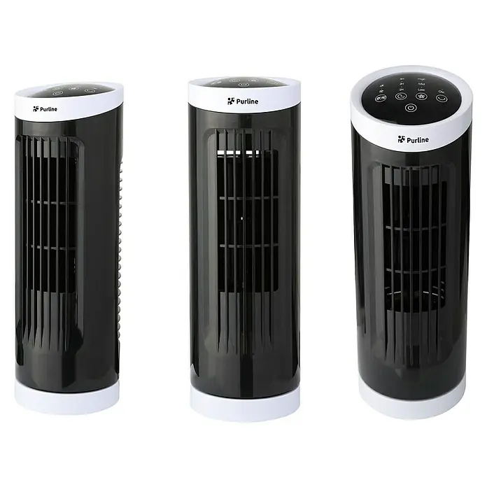 Purline Venty Ventilador de torre Erebus - Negro/Blanco, 33 cm - Vista del producto: Tres ventiladores de torre purificadores de aire Purlin en blanco y negro.
