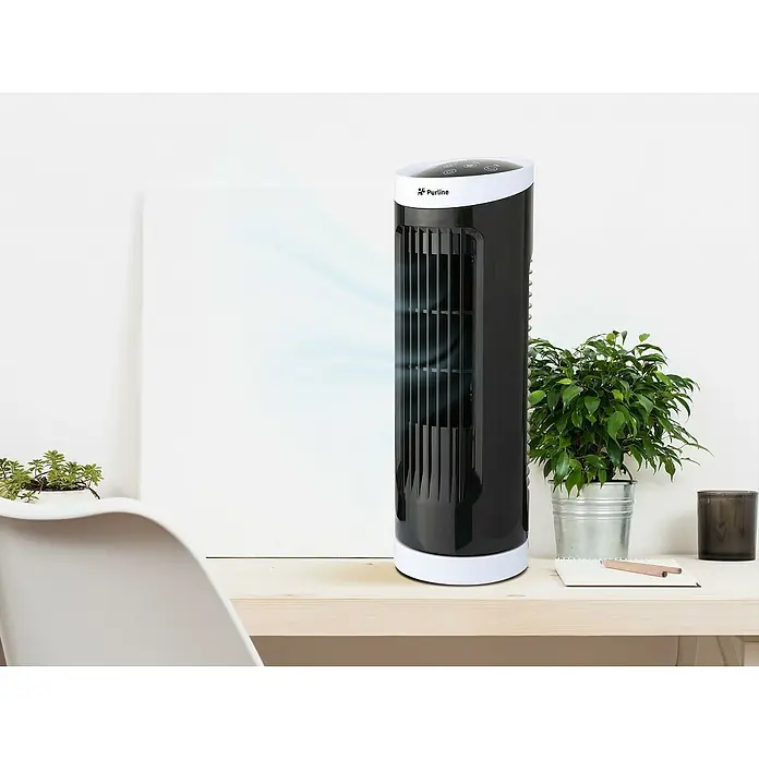 Purline Venty Ventilador de torre Erebus - Negro/Blanco, 33 cm - Un elegante ventilador de torre Purline negro con detalles blancos sobre un escritorio.