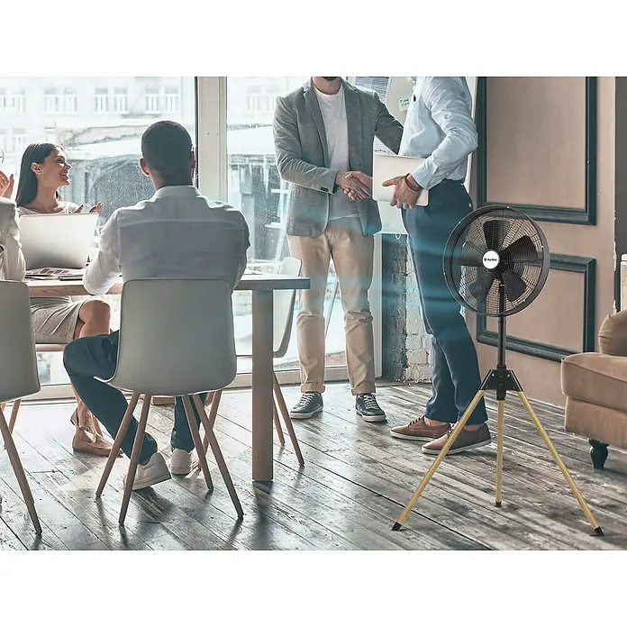 Purline Venty Ventilador de pie Pegasus - Negro, 135 cm - Un ventilador negro de pie con trípode con "Airland" escrito está instalado en una oficina junto a algunas personas.