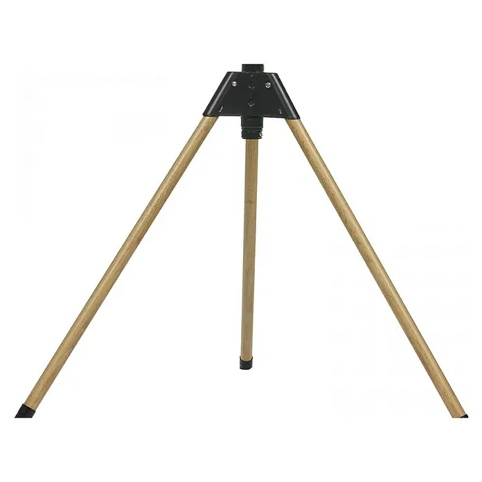 Purline Venty Ventilador de pie Pegasus - Negro, 135 cm - Primer plano de un caballete de tres patas con patas de madera y cabeza de metal negro, ideal para pintar y exhibir obras de arte.