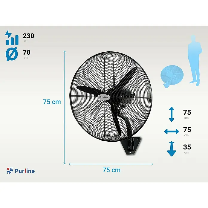 Purline Venty Ventilador de pared Metablast - Negro, 70 cm - Imagen de un ventilador de pared Purlin negro, mostrando detalles técnicos y dimensiones.