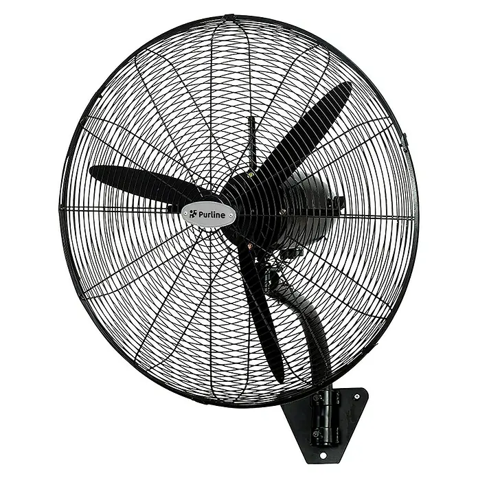 Purline Venty Ventilador de pared Metablast - Negro, 70 cm - Imagen de un ventilador de pared industrial negro Purlina con rejilla metálica robusta y tres aspas.