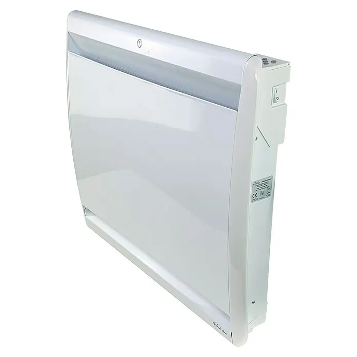 Purline Emisor térmico Micairon A1000 WiFi - 1.000 W, Blanco, 10 x 60 x 55 cm - Primer plano de un calefactor eléctrico blanco con controles en el lateral, perfecto para calentar habitaciones.