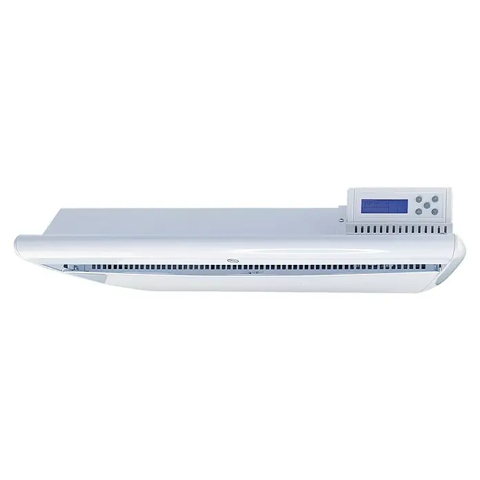 Purline Emisor térmico Micairon A1000 WiFi - 1.000 W, Blanco, 10 x 60 x 55 cm - La imagen muestra un calentador de infrarrojos blanco con un panel de control digital para la regulación de la temperatura. El calentador está diseñado para montaje en pared.