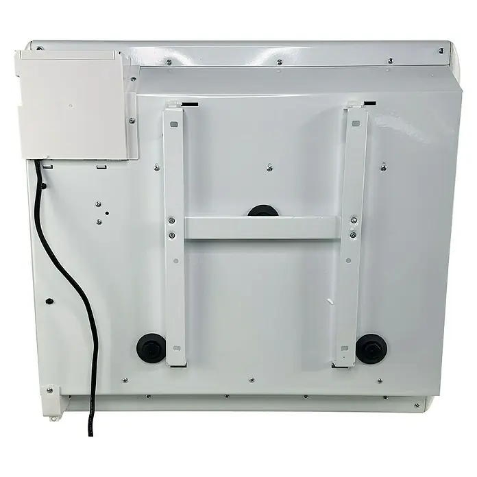 Purline Emisor térmico Micairon A1000 WiFi - 1.000 W, Blanco, 10 x 60 x 55 cm - Vista trasera de una campana extractora blanca con soportes de montaje y un cable de alimentación. Ideal para instalaciones de cocina.