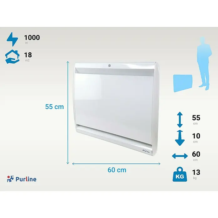 Purline Emisor térmico Micairon A1000 WiFi - 1.000 W, Blanco, 10 x 60 x 55 cm - Ilustración del calefactor Purline con dimensiones y detalles técnicos como potencia, tamaño de la habitación y peso.