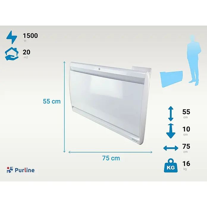 Purline Emisor térmico Micairon A1500 WiFi - 1.500 W, Blanco, 10 x 75 x 55 cm - Imagen de un calefactor Purline blanco con dimensiones 55 x 75 x 10 cm, 1500 W de potencia y un peso de 16 kg, adecuado para 20 m².