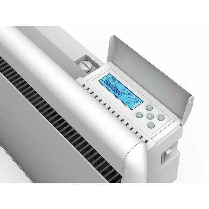 Purline Emisor térmico Micairon A2000 WiFi - 2.000 W, Blanco, 10 x 90 x 55 cm - Primer plano de un radiador blanco con pantalla digital y controles para la regulación de la temperatura.