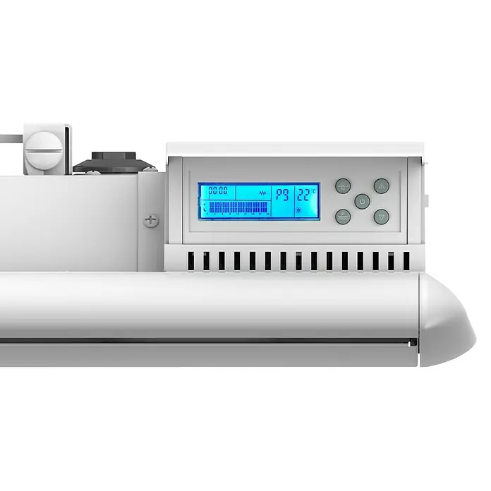Purline Emisor térmico Micairon A2000 WiFi - 2.000 W, Blanco, 10 x 90 x 55 cm - Primer plano de un radiador blanco con controles digitales que muestran la temperatura actual. Ideal para una distribución eficiente del calor.