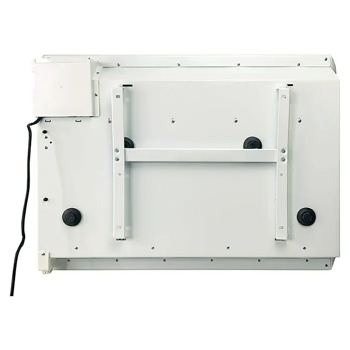 Purline Emisor térmico Micairon A1500 WiFi - 1.500 W, Blanco, 10 x 75 x 55 cm - Vista posterior de un electrodoméstico blanco con tornillos, cables y forma rectangular.