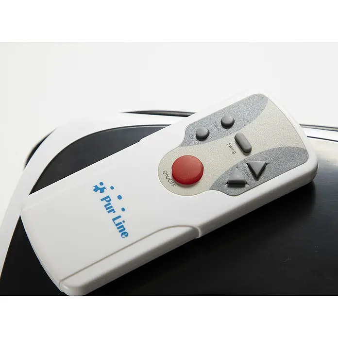 Purline Rafy Climatizador evaporativo 71 - Blanco y Negro, Altura: 76 cm - Primer plano de un mando a distancia Pur Line con botones rojos y grises.