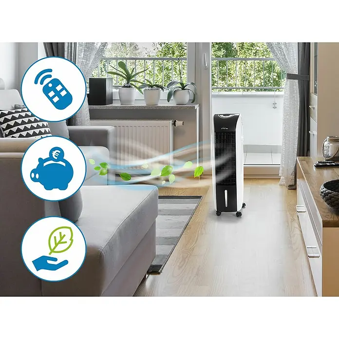 Purline Rafy Climatizador evaporativo 71 - Blanco y Negro, Altura: 76 cm - Un refrigerador de aire por evaporación blanco y negro se encuentra en una sala de estar. Se controla con un mando a distancia y es eficiente.