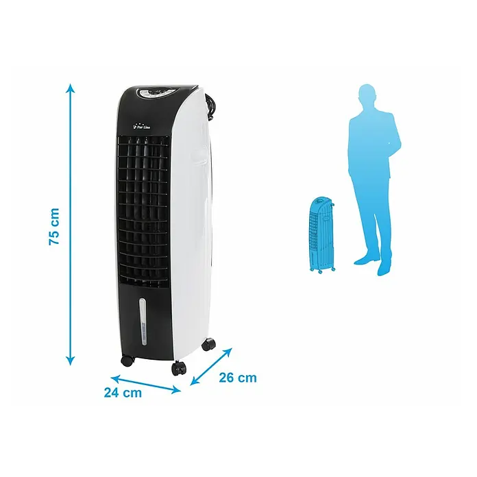 Purline Rafy Climatizador evaporativo 71 - Blanco y Negro, Altura: 76 cm - Imagen de un enfriador de aire blanco y negro con dimensiones de 75 cm de altura, 24 cm de ancho y 26 cm de profundidad.