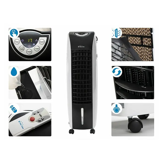 Purline Rafy Climatizador evaporativo 71 - Blanco y Negro, Altura: 76 cm - Vista del producto de un enfriador de aire de torre portátil en blanco y negro, que detalla sus diversas funciones.