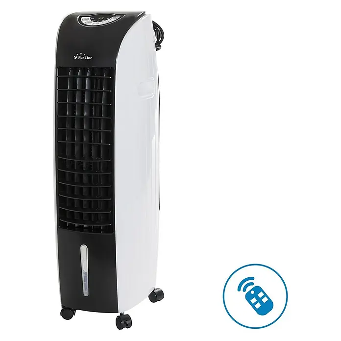 Purline Rafy Climatizador evaporativo 71 - Blanco y Negro, Altura: 76 cm - Enfriador de aire Purline con mando a distancia. El ventilador de torre es en blanco y negro y tiene ruedas.