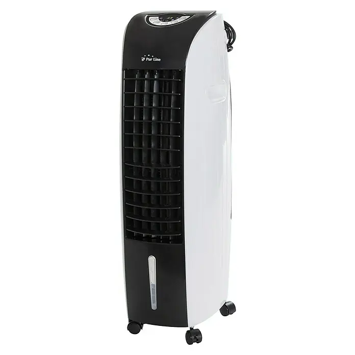 Purline Rafy Climatizador evaporativo 97 - Blanco y Negro, Altura: 84,5 cm - Un enfriador evaporativo portátil Purline con ruedas, con un diseño elegante y moderno en blanco y negro.