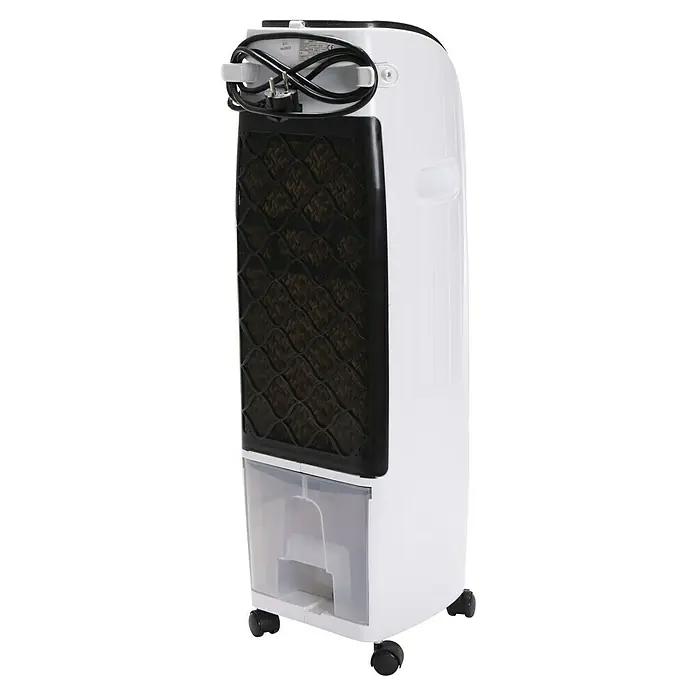 Purline Rafy Climatizador evaporativo 71 - Blanco y Negro, Altura: 76 cm - Vista trasera de un enfriador de aire portátil blanco con rejilla negra y depósito de agua transparente.