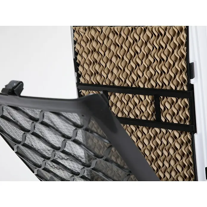 Purline Rafy Climatizador evaporativo 71 - Blanco y Negro, Altura: 76 cm - Primer plano de un enfriador evaporativo con la tapa abierta, que muestra los paneles de enfriamiento en el interior.
