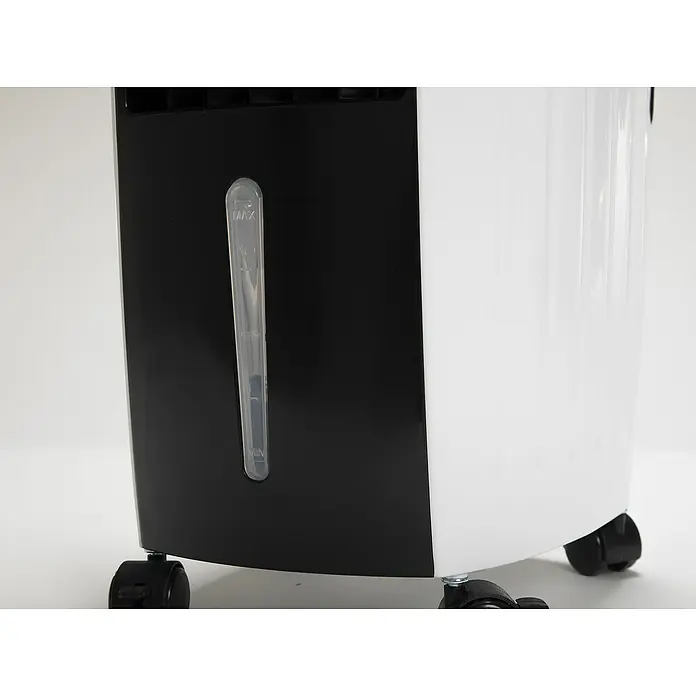 Purline Rafy Climatizador evaporativo 71 - Blanco y Negro, Altura: 76 cm - Primer plano de un enfriador de aire portátil en blanco y negro sobre una superficie clara, con un indicador de nivel de agua visible.