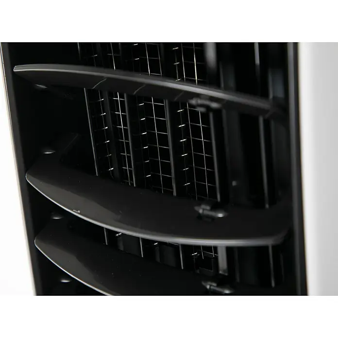 Purline Rafy Climatizador evaporativo 71 - Blanco y Negro, Altura: 76 cm - Primer plano de un ventilador de torre con lamas negras y una rejilla metálica. Refrescante con estilo.