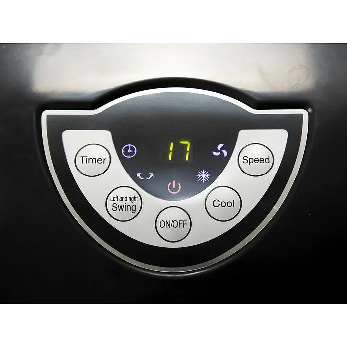 Purline Rafy Climatizador evaporativo 71 - Blanco y Negro, Altura: 76 cm - Primer plano del panel de control de un aire acondicionado, que muestra varias opciones como temporizador, velocidad y refrigeración.