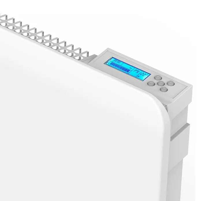 Purline Emisor térmico Ceramic A2000 WiFi - 2.000 W, Blanco, 9 x 82 x 50 cm, Cerámico - Primer plano de un radiador blanco con pantalla digital y controles, que combina tecnología moderna y confort.
